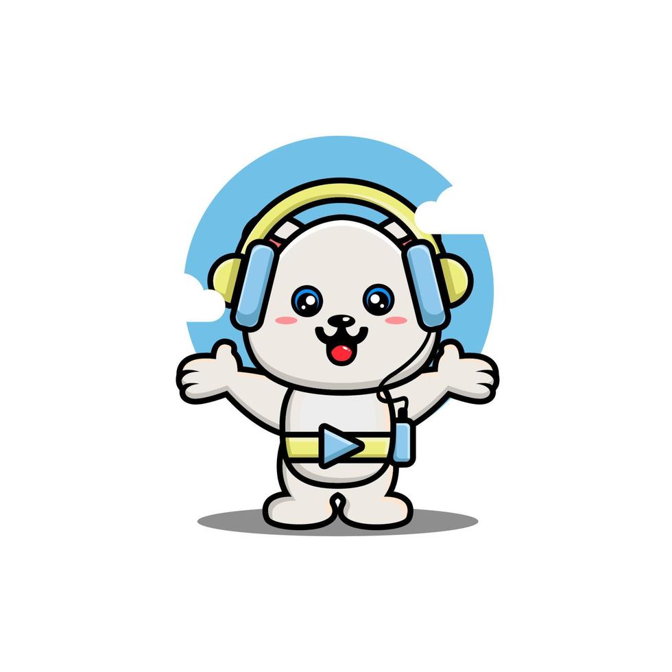 Cute polar listening music with headphone cartoon vector illustration