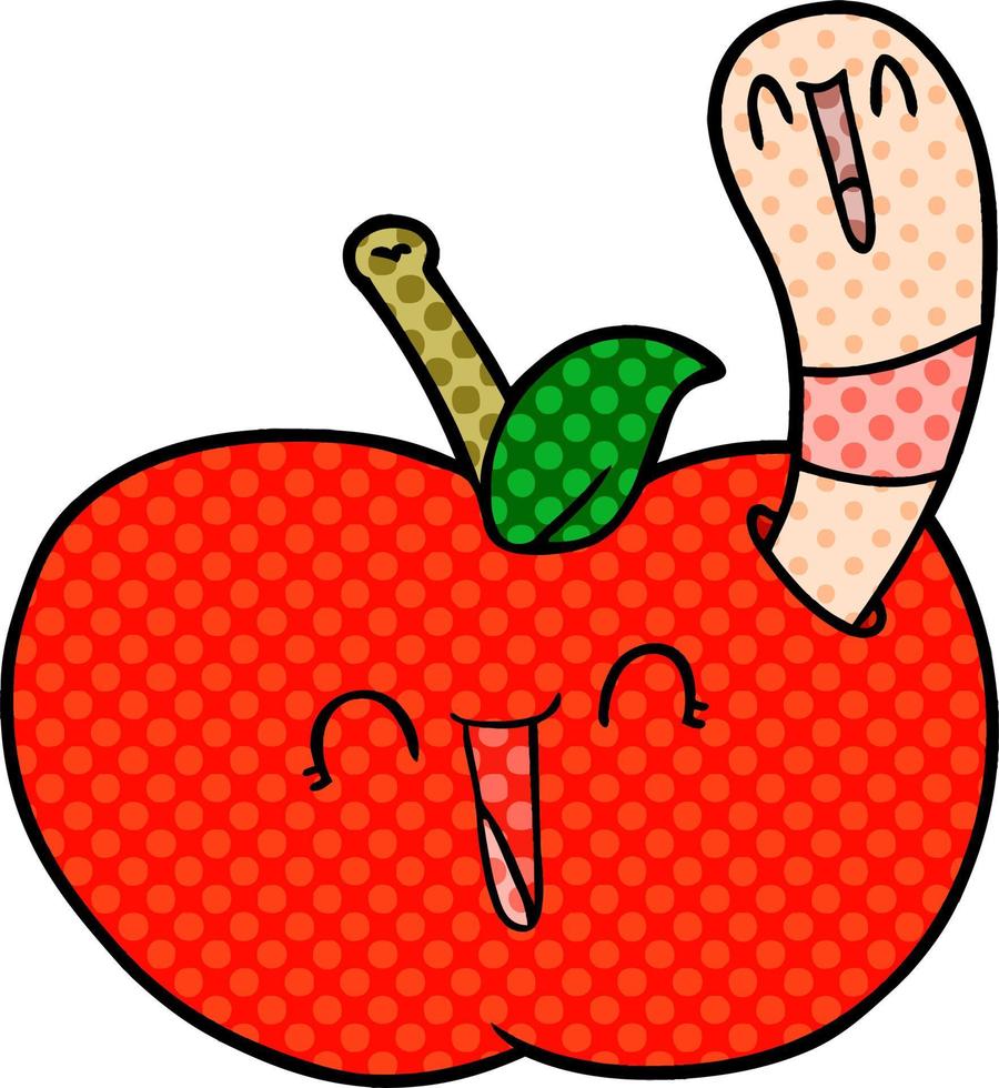 gusano de dibujos animados en manzana feliz vector