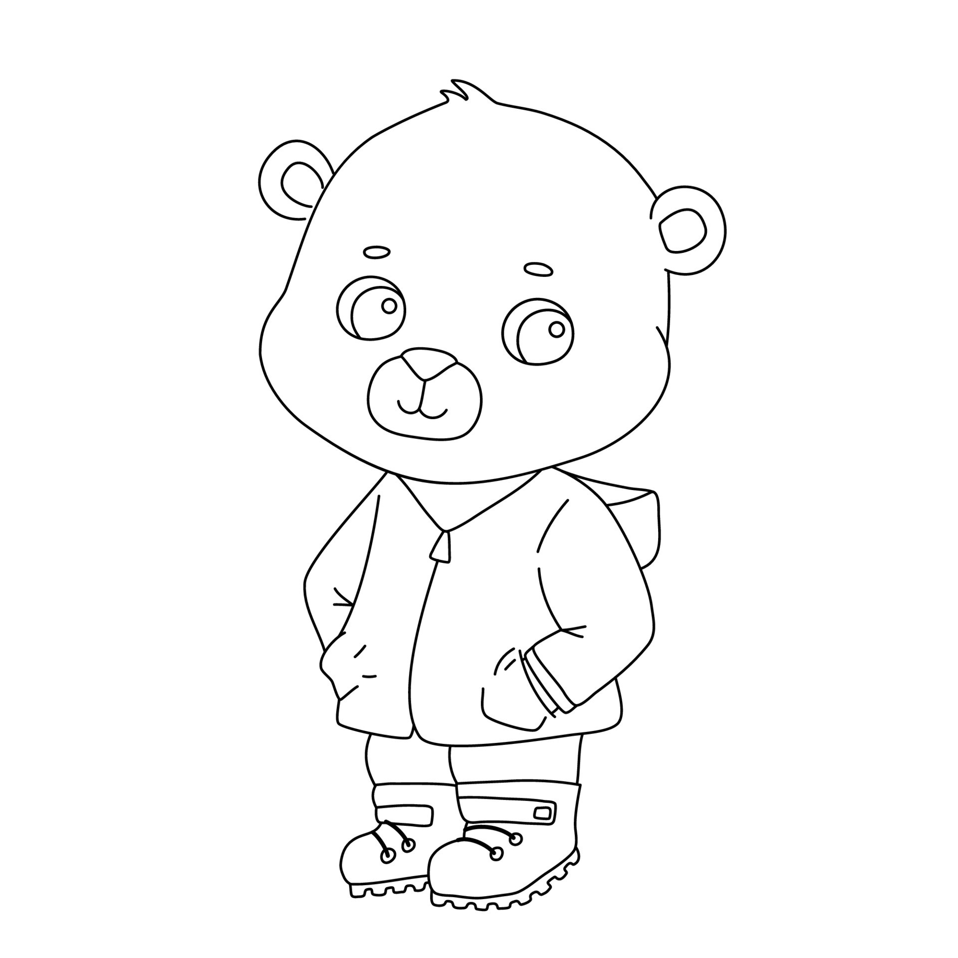 Illustration of outline cute bear in clothes. Hand drawn line character ...