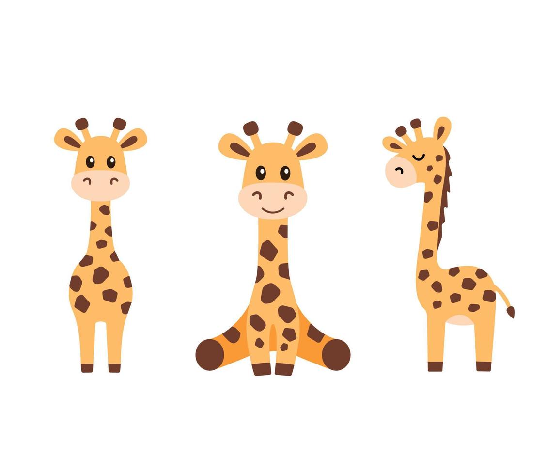 ilustración de vector de pequeña jirafa linda divertida en estilo plano aislado sobre fondo blanco. la jirafa bebé está sentada