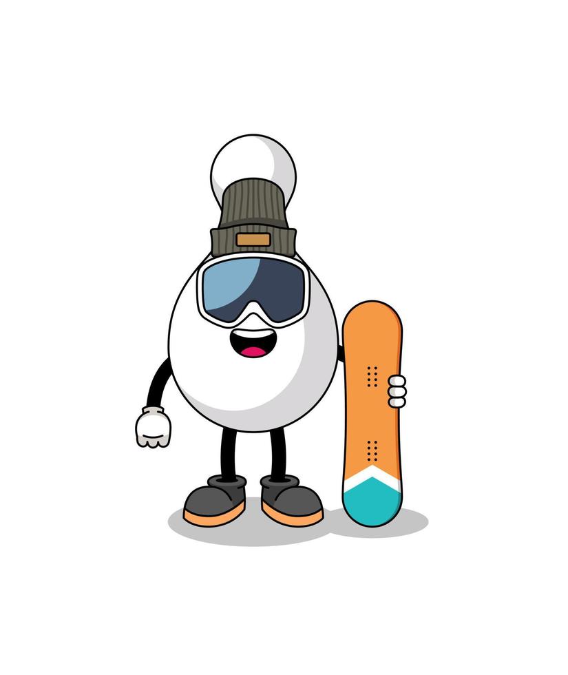 mascota, caricatura, de, bolos, pin, snowboard, jugador vector