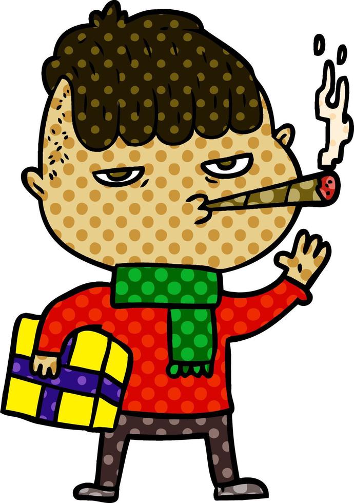 hombre de dibujos animados fumando con regalo de navidad vector