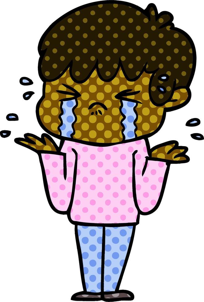 cartoon boy crying and shrugging shoulders vector