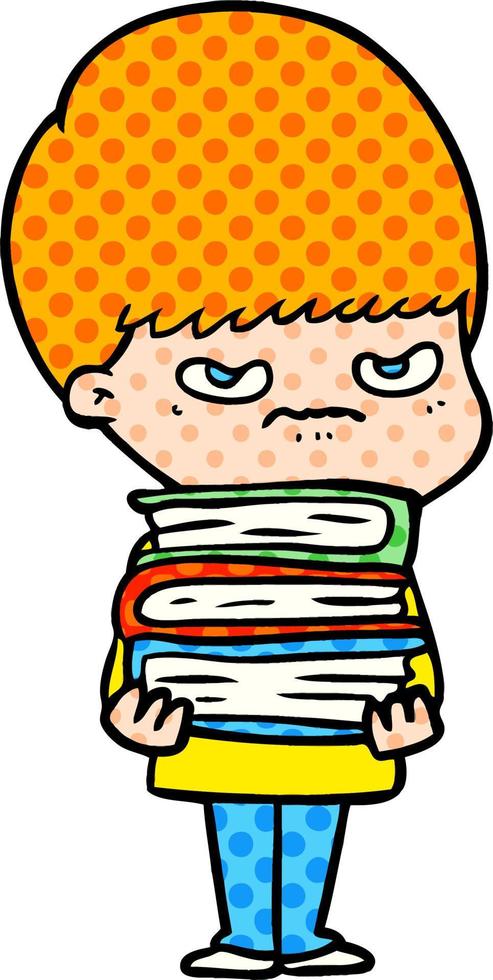 enojado, caricatura, niño, con, libros vector