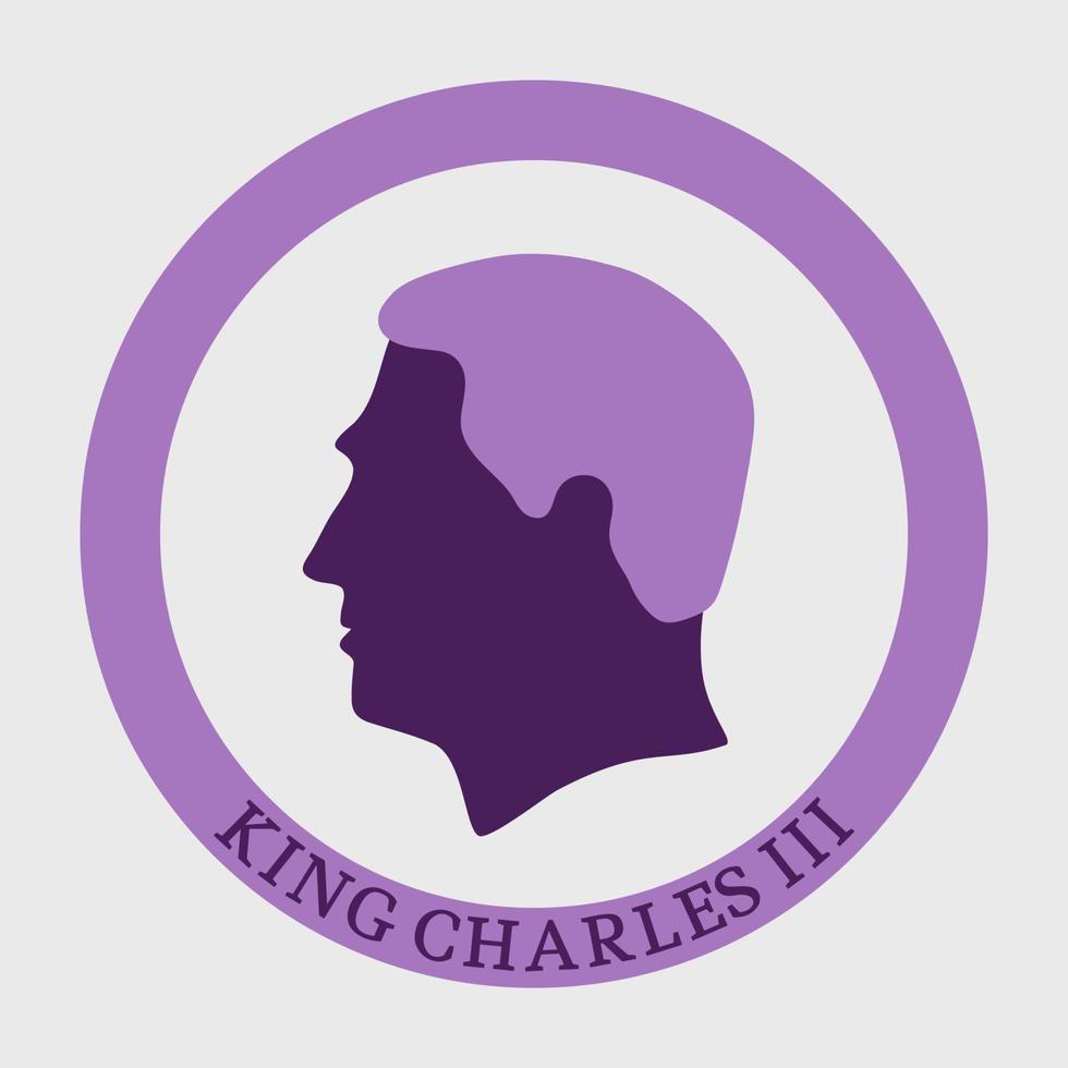 A simple profile portrait of King Charles III. Circle background. Vector illustration.