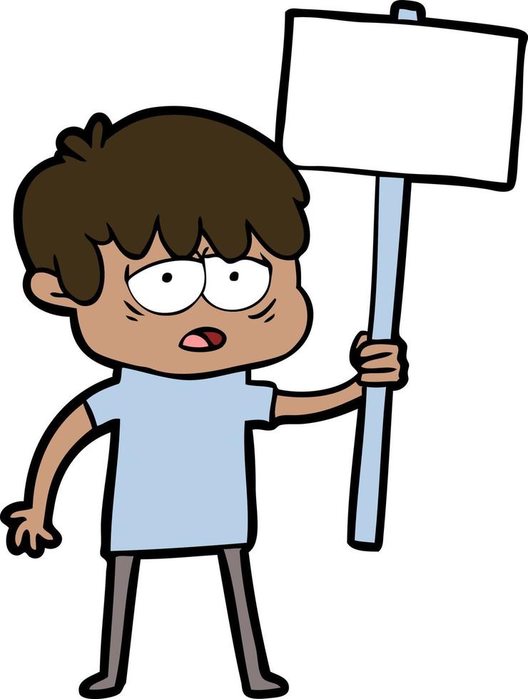cartoon exhausted boy with placard vector
