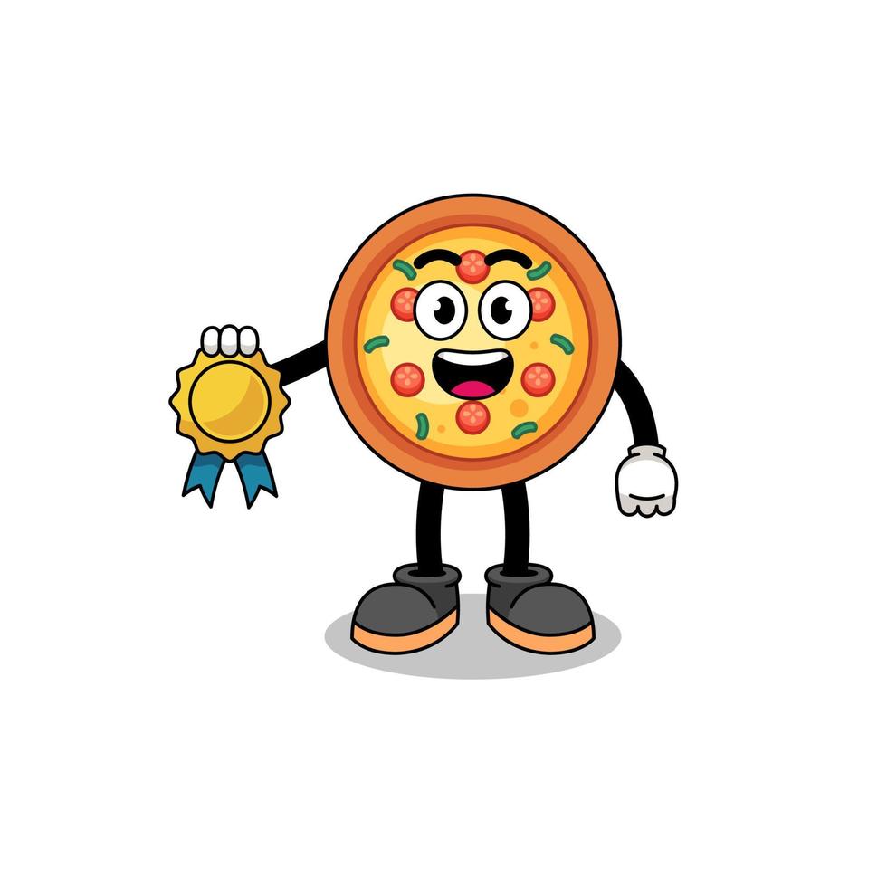 pizza cartoon illustration with satisfaction guaranteed medal vector