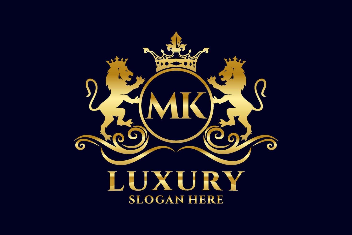 Initial MK Letter Lion Royal Luxury Logo template in vector art for luxurious branding projects and other vector illustration.