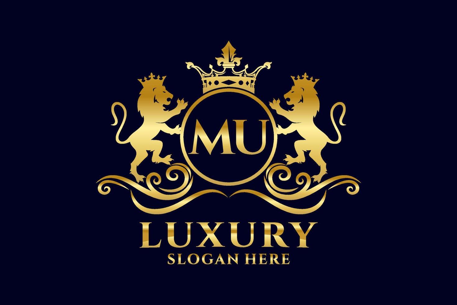 Initial MU Letter Lion Royal Luxury Logo template in vector art for luxurious branding projects and other vector illustration.
