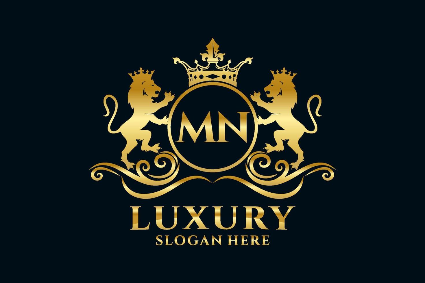 Initial MN Letter Lion Royal Luxury Logo template in vector art for luxurious branding projects and other vector illustration.