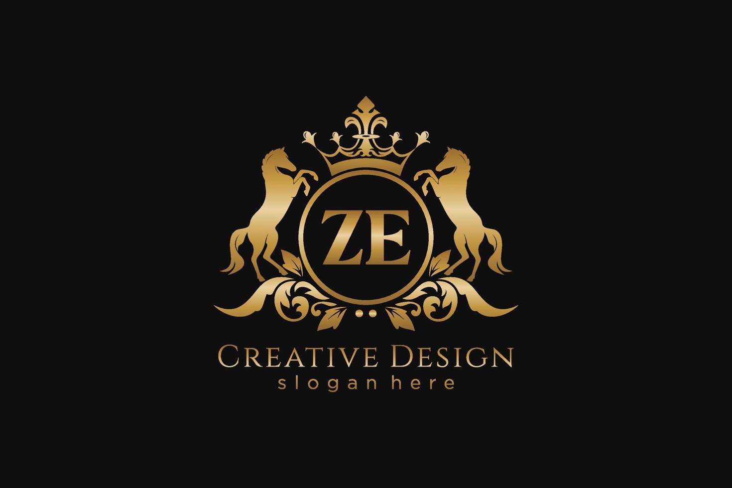 cresta dorada retro ze inicial con círculo y dos caballos, plantilla de placa con pergaminos y corona real - perfecto para proyectos de marca de lujo vector