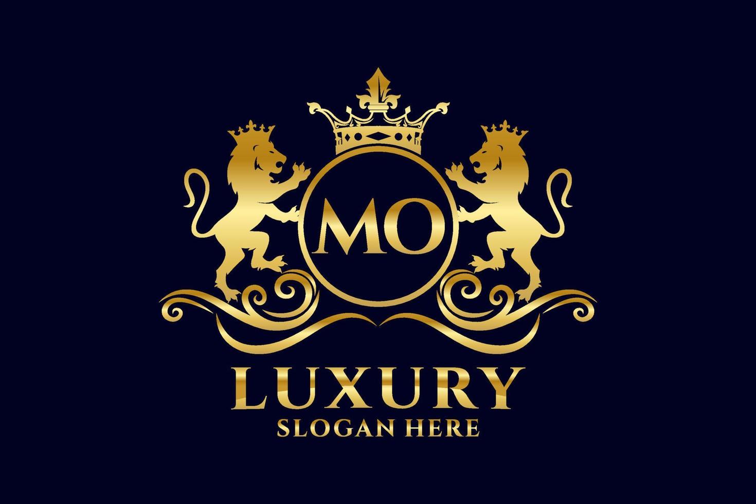 Initial MO Letter Lion Royal Luxury Logo template in vector art for luxurious branding projects and other vector illustration.