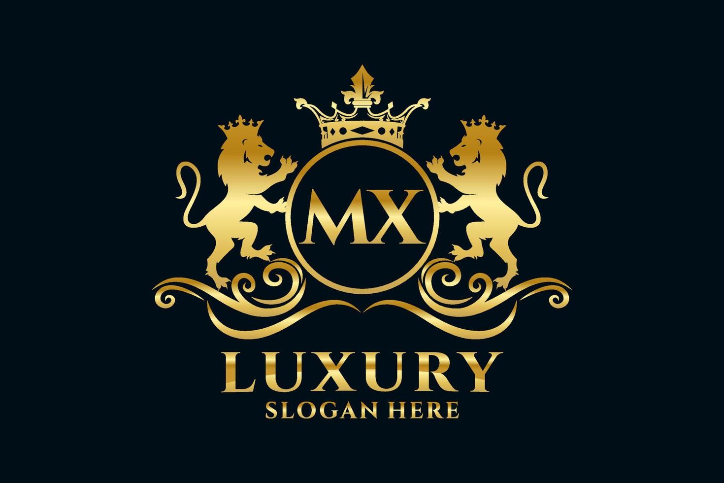 Initial MX Letter Lion Royal Luxury Logo template in vector art for luxurious branding projects and other vector illustration.