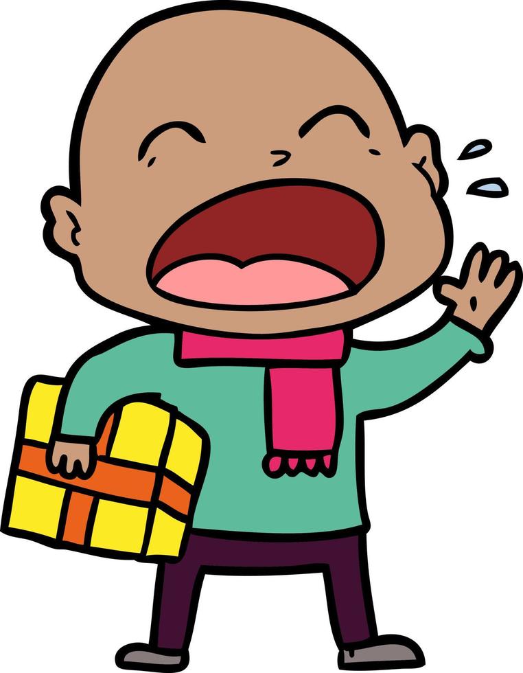 cartoon shouting bald man with present vector