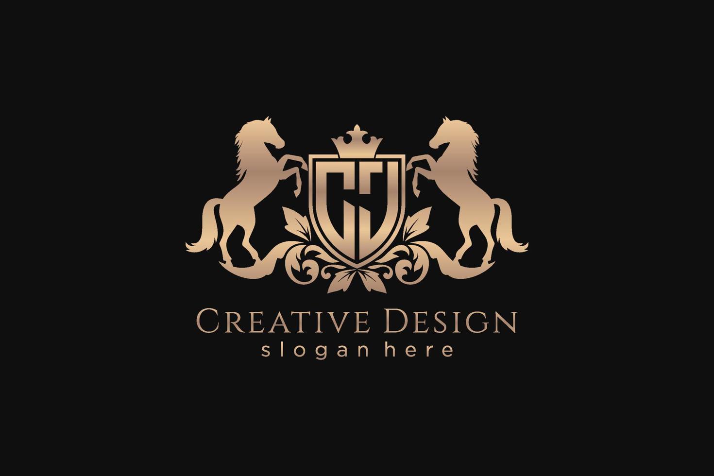 initial CJ Retro golden crest with shield and two horses, badge template with scrolls and royal crown - perfect for luxurious branding projects vector
