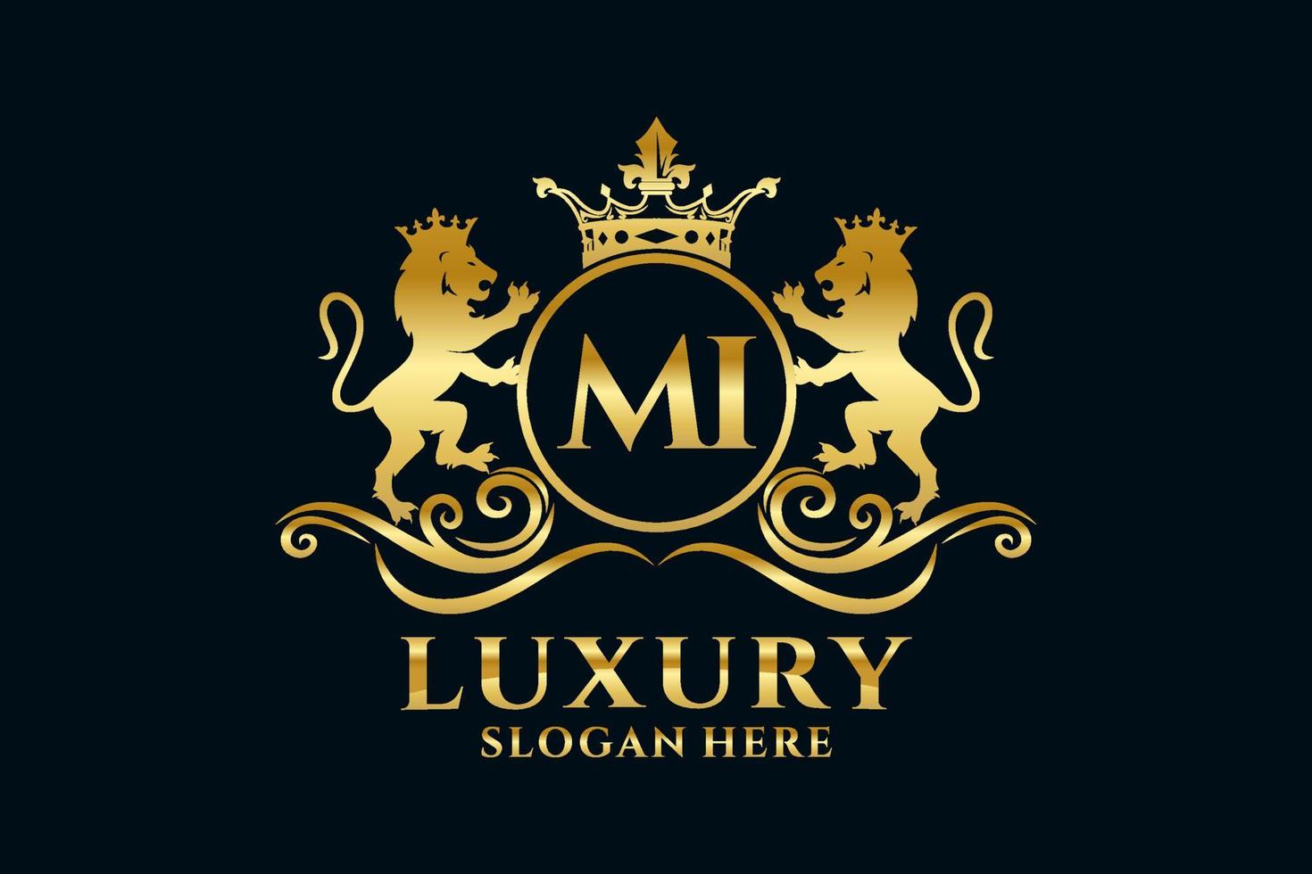 Initial MI Letter Lion Royal Luxury Logo template in vector art for luxurious branding projects and other vector illustration.