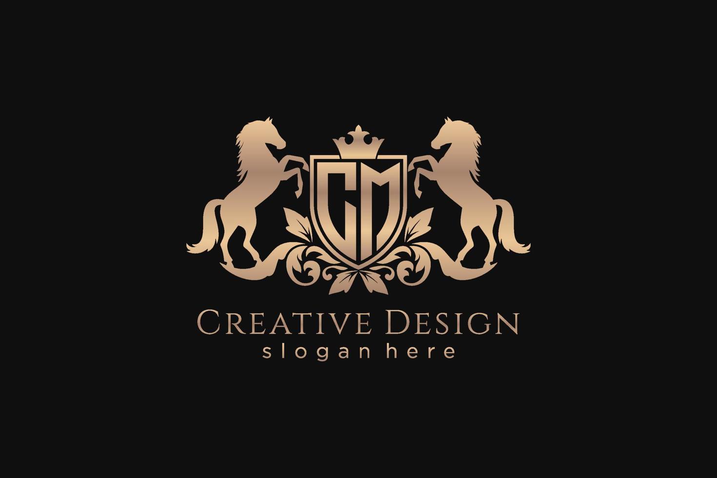 initial CM Retro golden crest with shield and two horses, badge template with scrolls and royal crown - perfect for luxurious branding projects vector