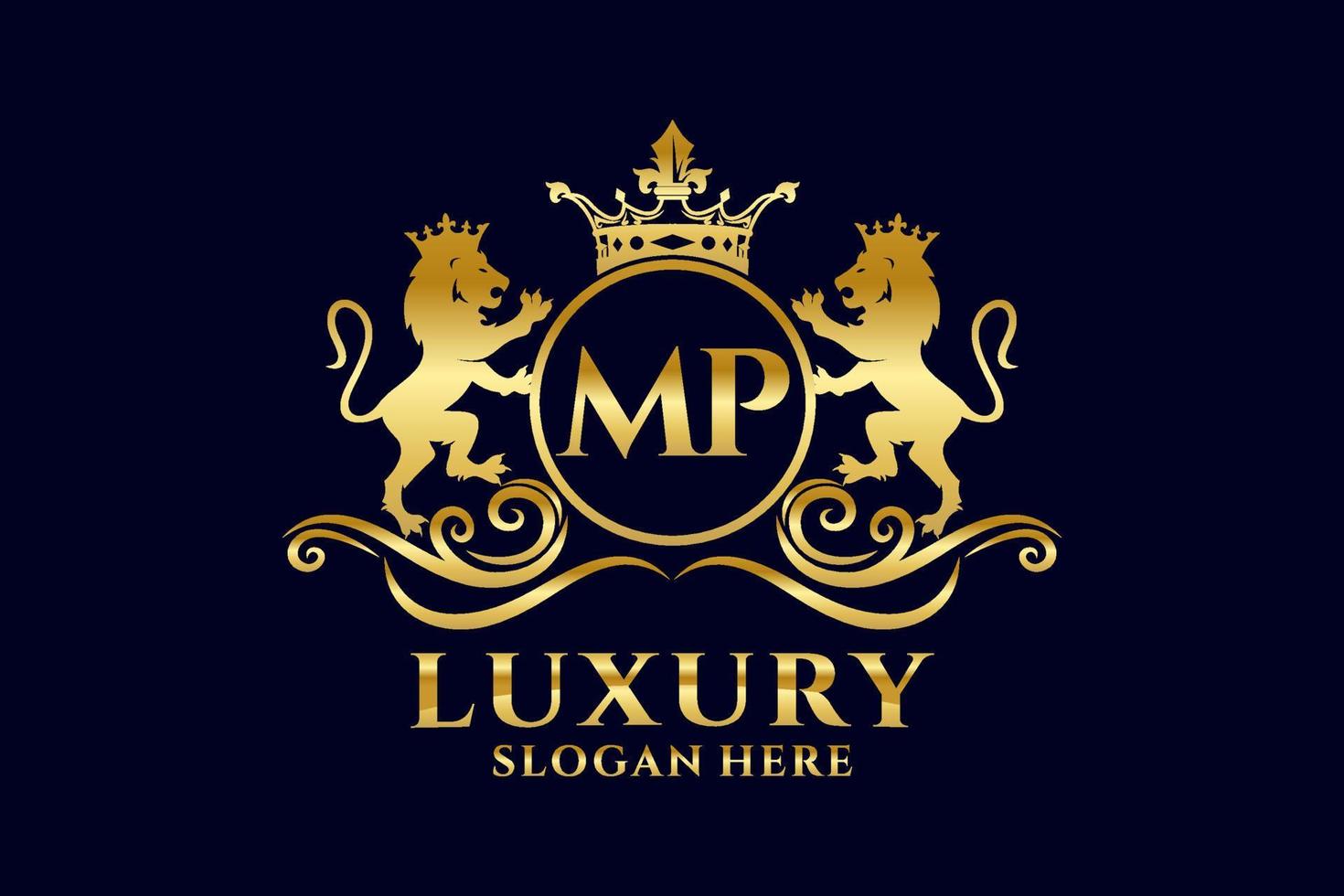 Initial MP Letter Lion Royal Luxury Logo template in vector art for luxurious branding projects and other vector illustration.