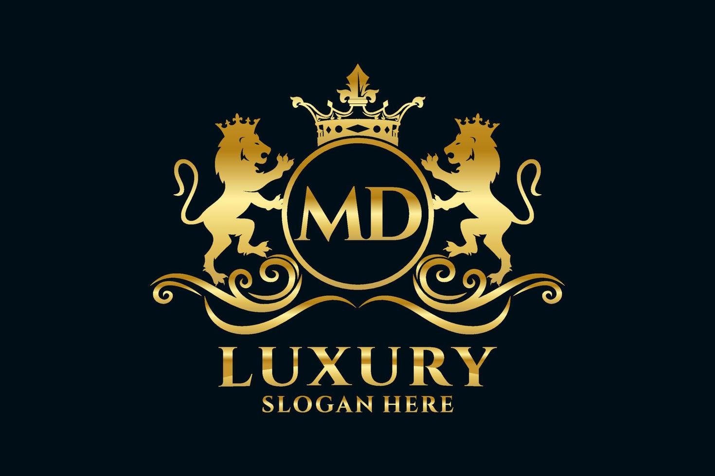 Initial MD Letter Lion Royal Luxury Logo template in vector art for luxurious branding projects and other vector illustration.