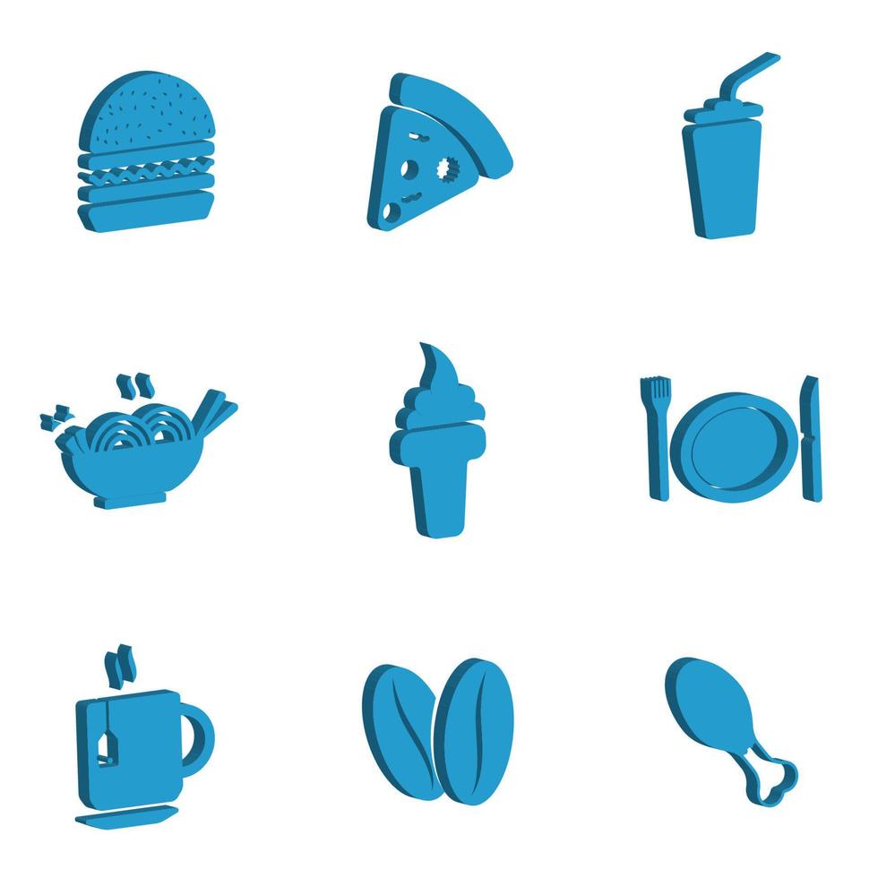 conjunto vectorial de iconos de comida y bebida. múltiples símbolos de hamburguesas, refrescos, fideos, helados, pizza y más en 3d vector