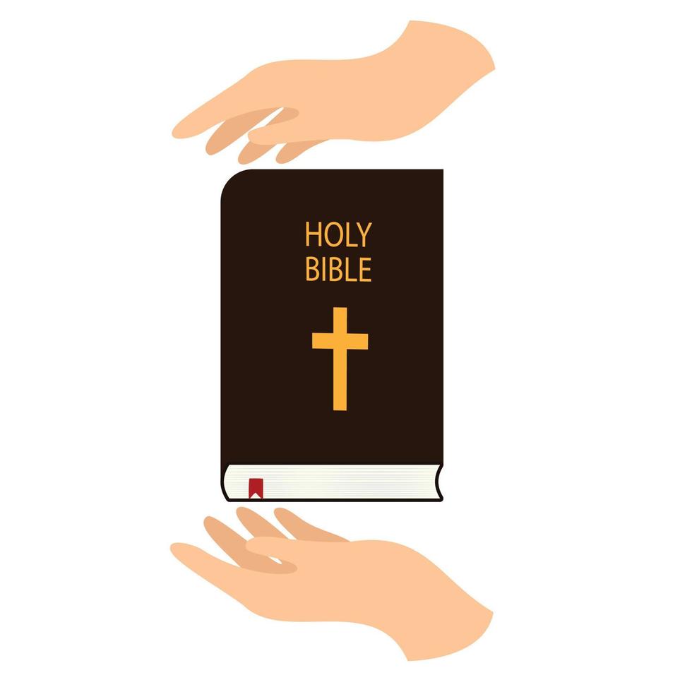 Two European hands take the Holy Bible. Vector illustration