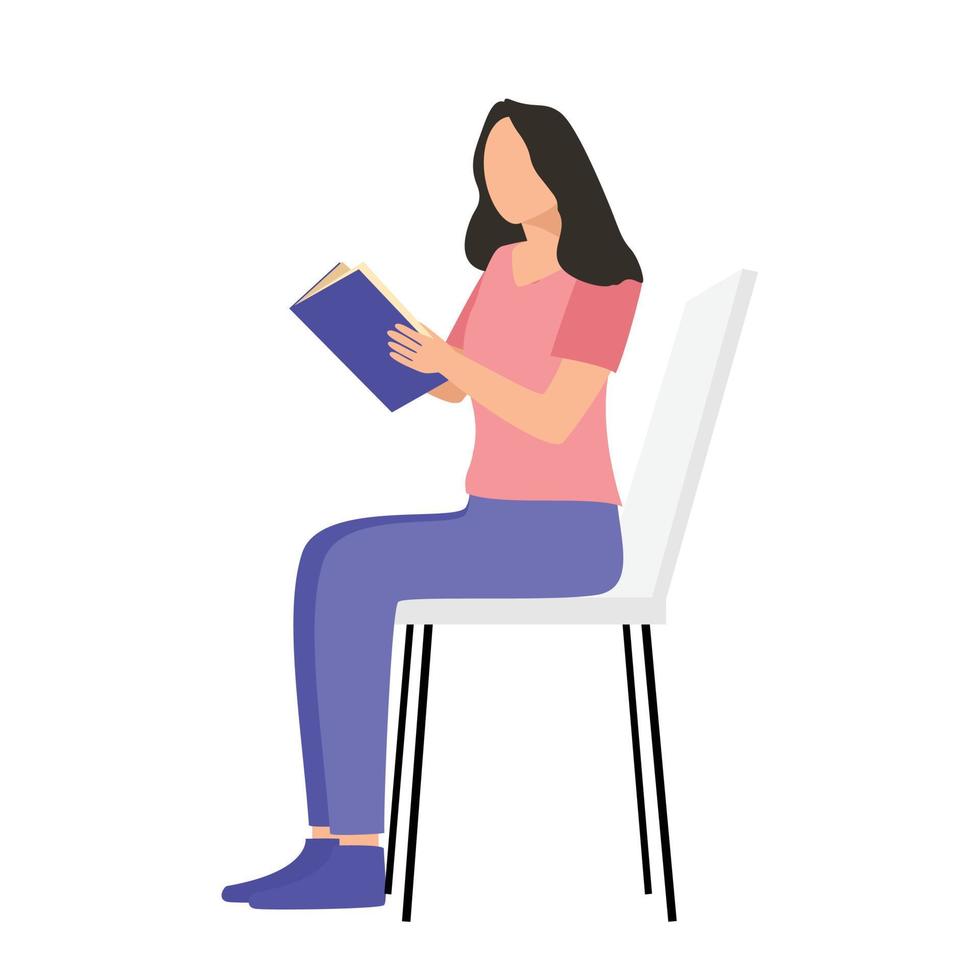 A european girl is sitting on the chair and reading a book. Women studying. Vector illustration