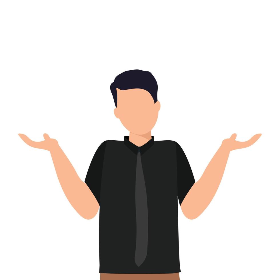 European man with black hair and black shirt with tie, shrug. I don't know. Oops Sorry Vector illustration