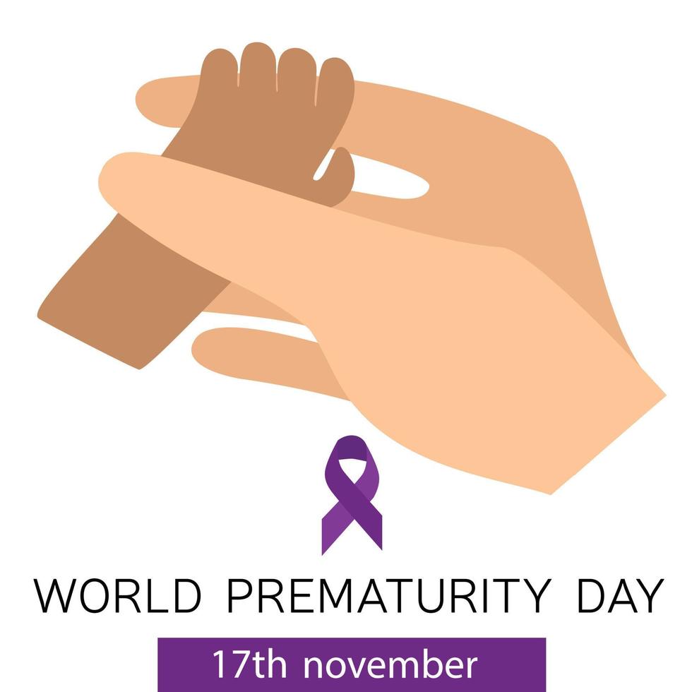 Little hand of baby take a hand of mother or father. Banner or card for world prematurity day, 17 November. Vector illustration