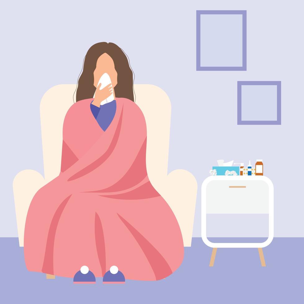 A cold girl sits in a chair wrapped in a blanket with napkin and medical. Flu and cold seasonal vector illustration