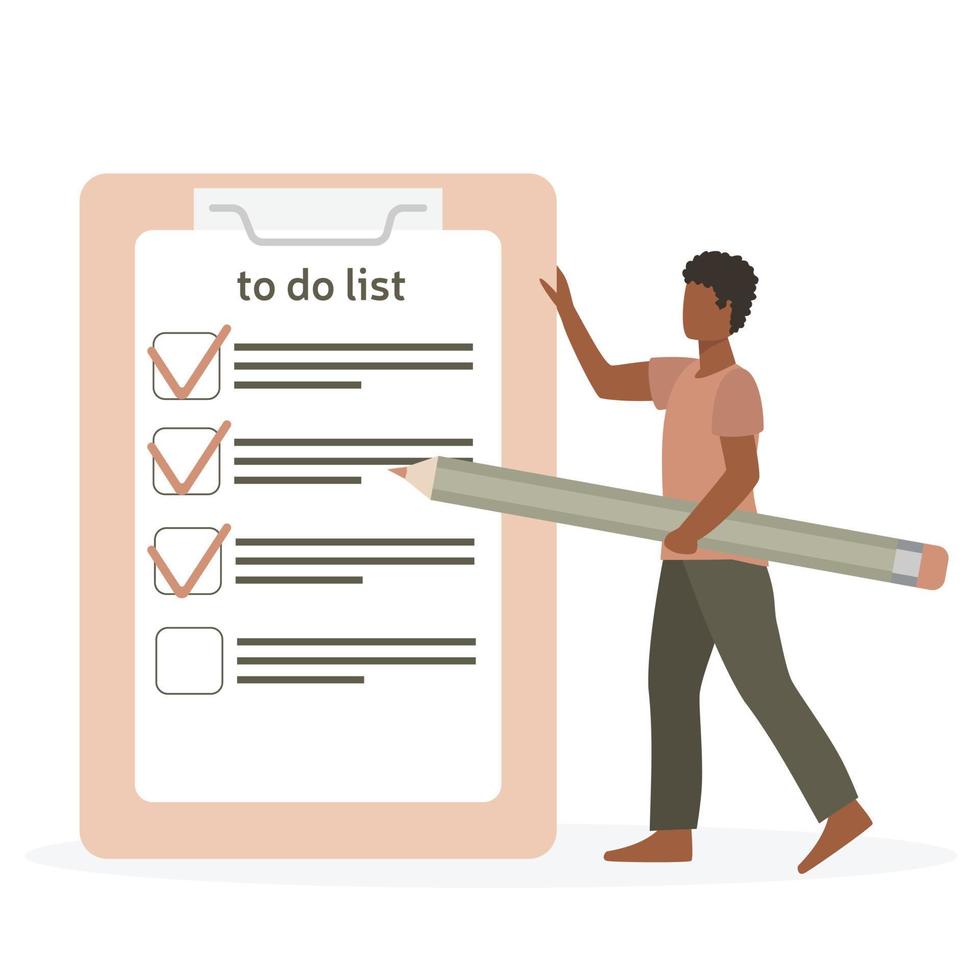 African American man or boy with big pencil before big planshet with to do list. Vector illustration