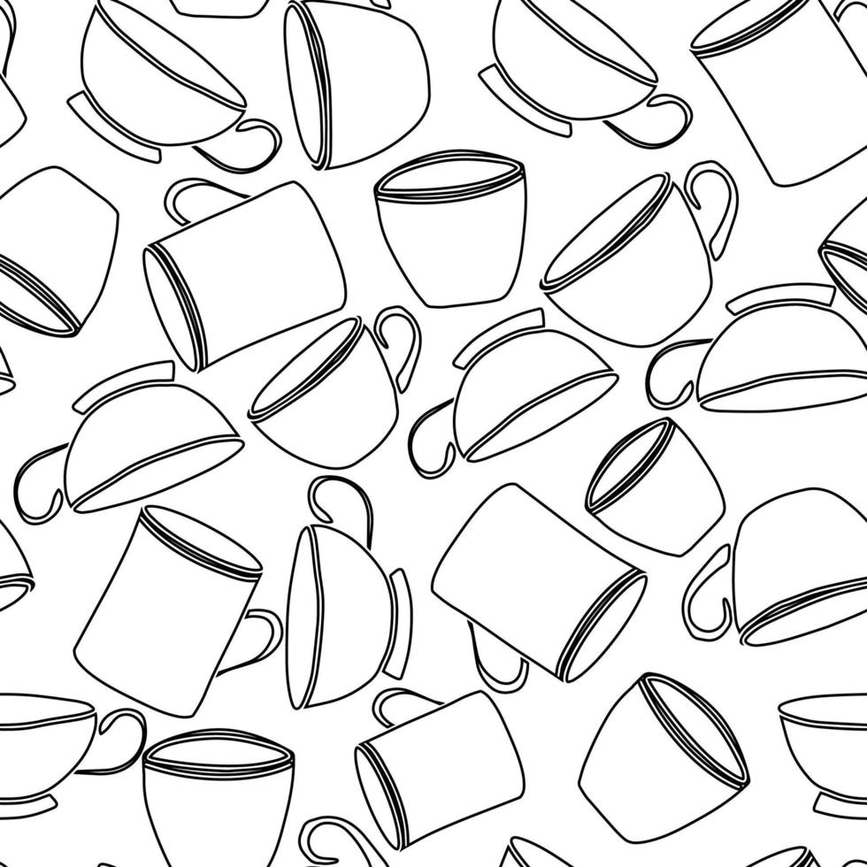 Seamless pattern with cups. Hand draw line art outline vector illustration