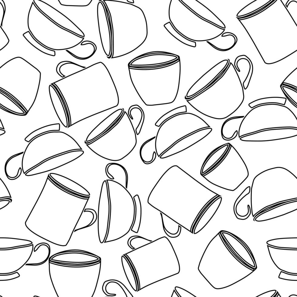 Seamless pattern with cups. Hand draw line art outline vector illustration