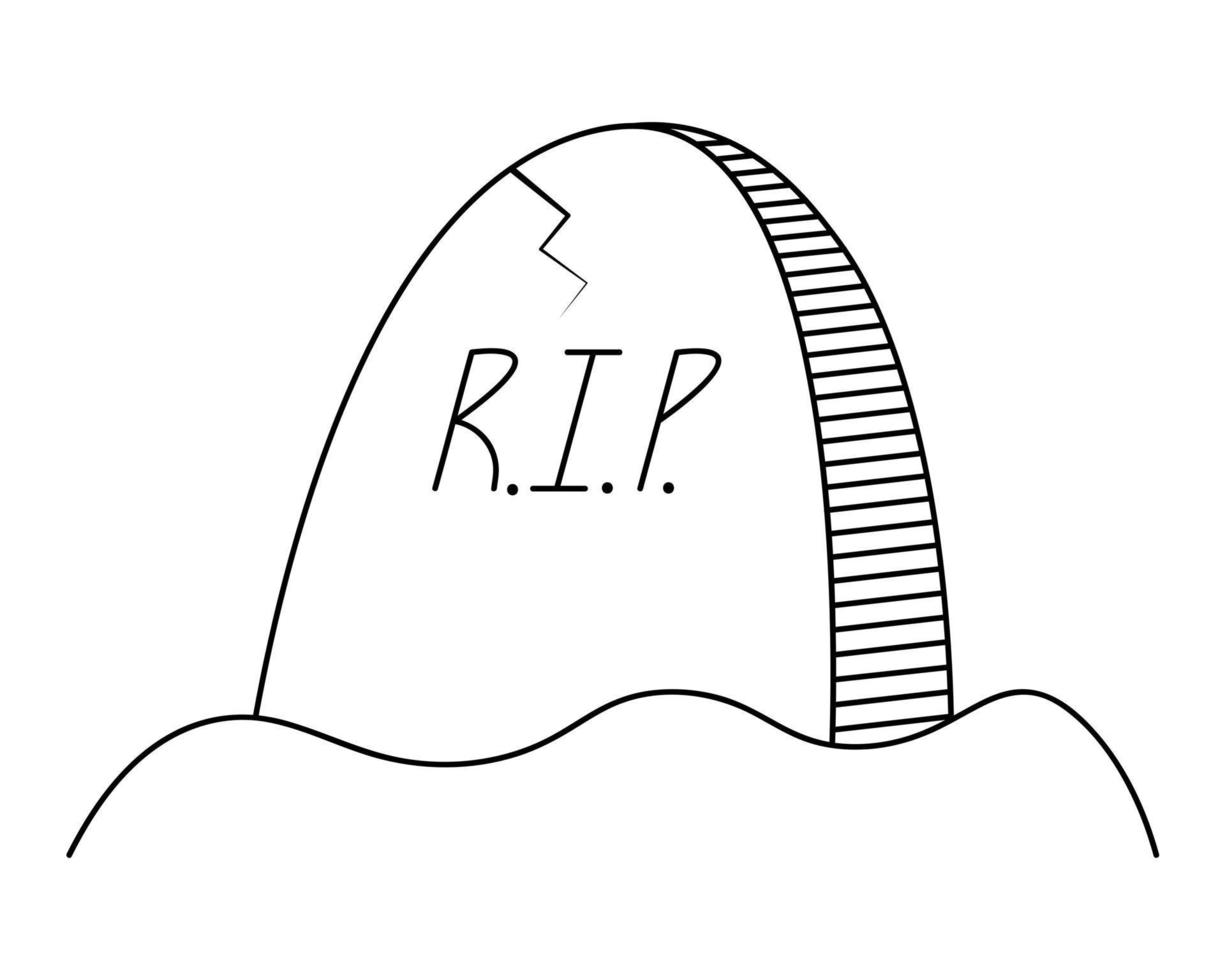 Headstone. Monument made of granite. Crack on the slab. Gloomy sketch. Inscription Rest in Peace. Grave in the cemetery. Halloween symbol. Doodle style.  Decoration for All Saints Day. vector