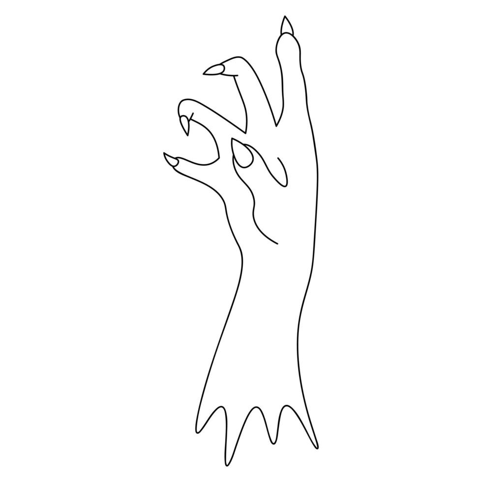 The stump of a dead man's hand. Sketch. Side view. Curved fingers with sharp claws. Ominous zombie palm. Doodle style. Halloween symbol. Decoration for All Saints Day. vector