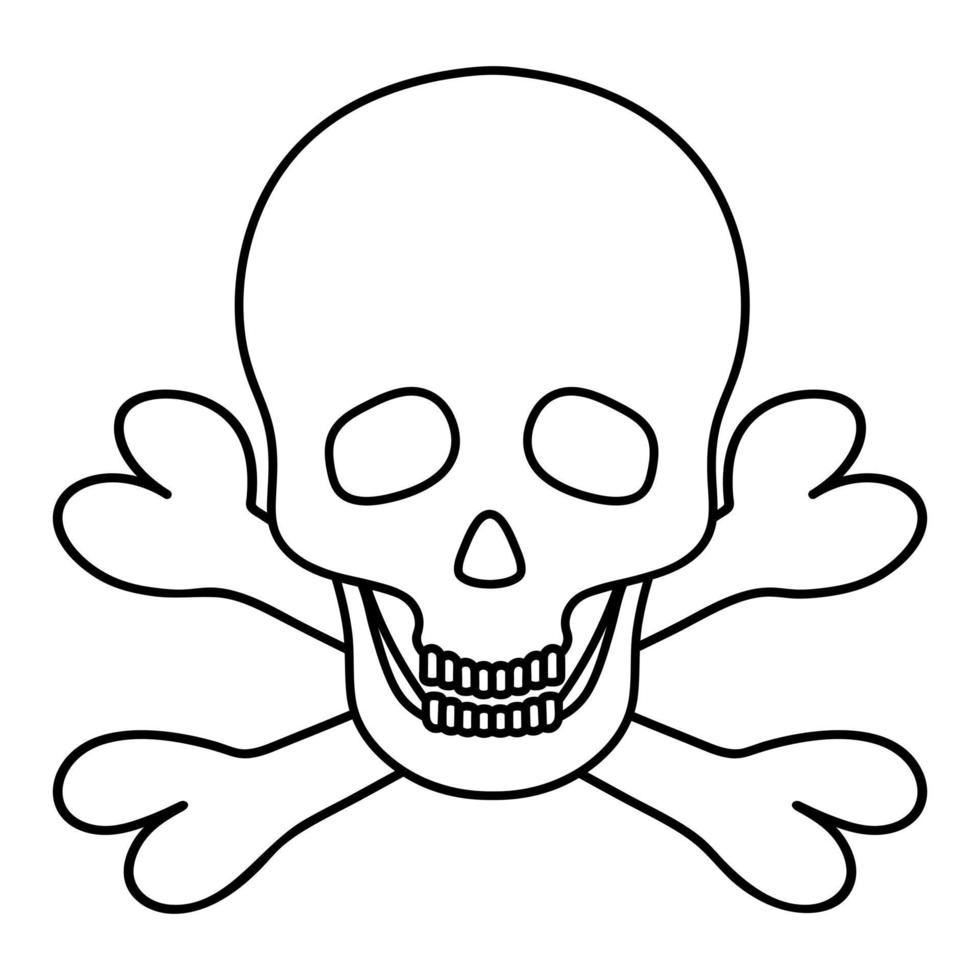 Skull and crossbones. Sketch. An integral part of the skeleton. Pirate symbol. Jaw with straight teeth. Hollows instead of eyes and nose. Doodle style. Decoration for All Saints Day. vector