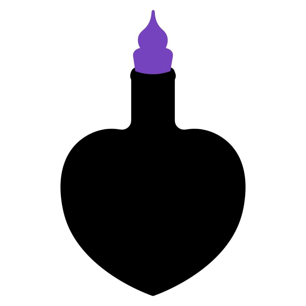 Poison bottle. Silhouette. Heart shaped vessel. The bottle is closed with a purple stopper. A miraculous drink. Witch potion in a flask. Halloween symbol. vector