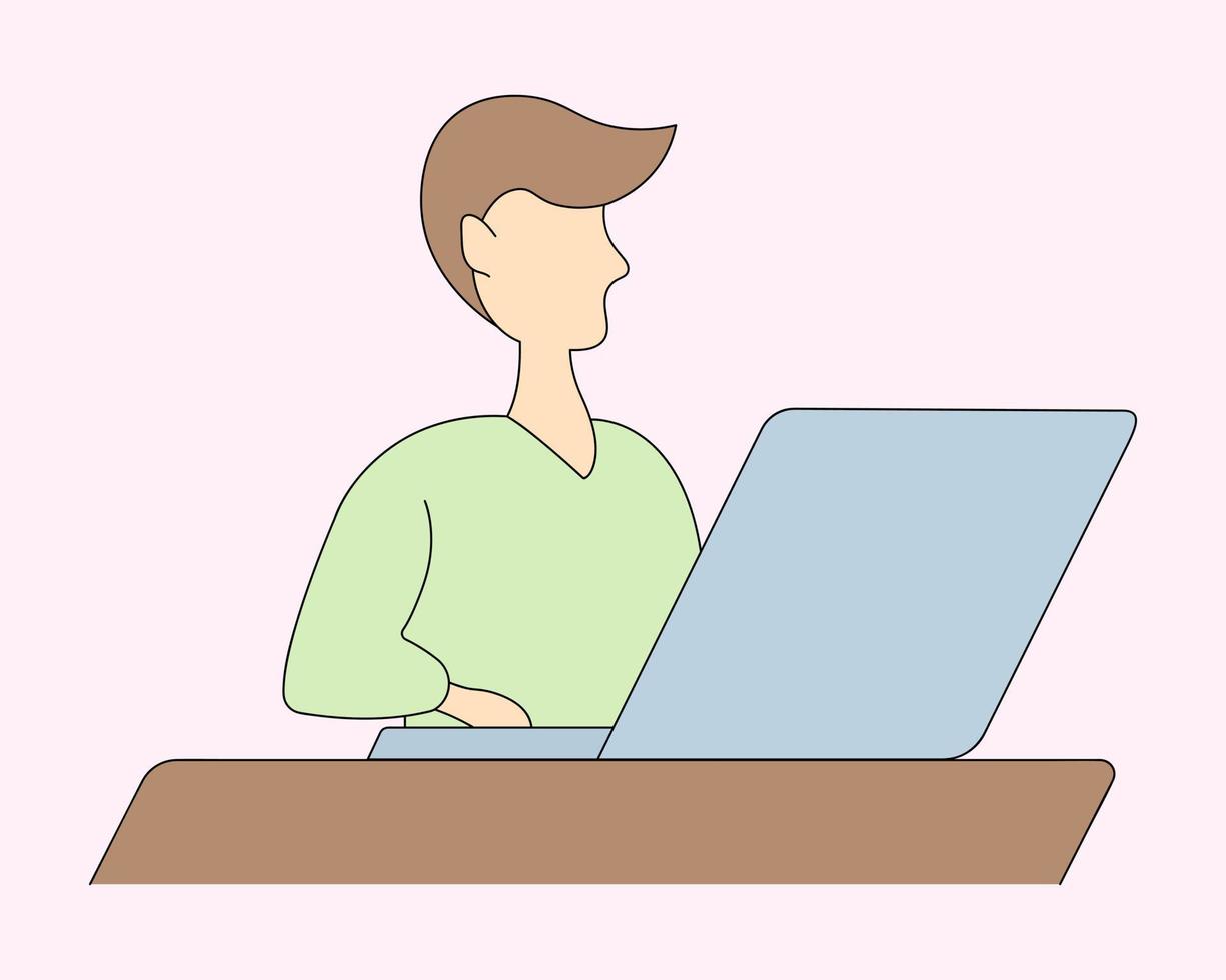 el estudiante está trabajando en una computadora portátil. ilustración vectorial de color. un joven se sienta en una mesa frente a una computadora portátil abierta y presiona las teclas. estilo de dibujos animados fondo rosa aislado. vector