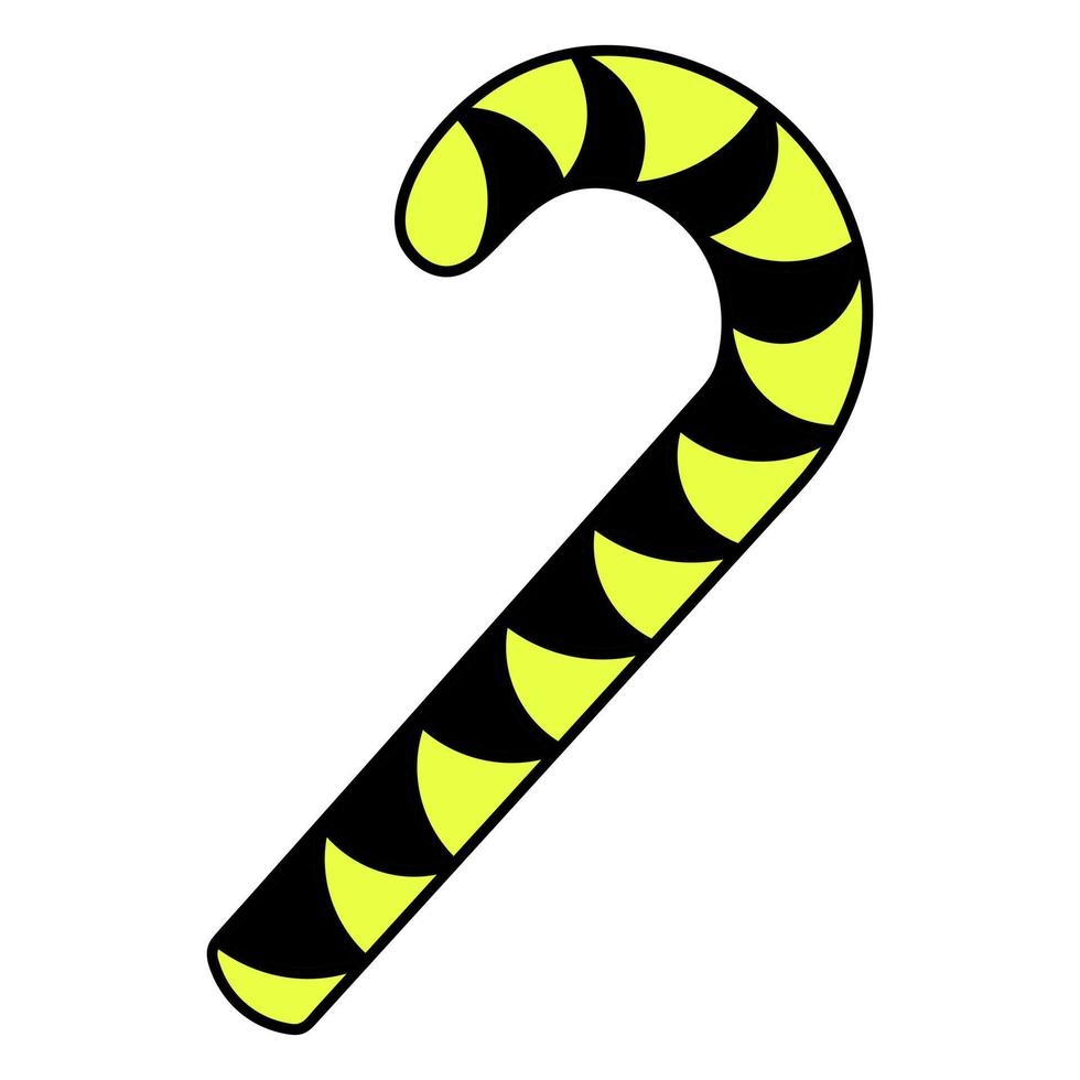 Sweet lollipop. Caramel stick in the shape of a sugar cane. The candy cane is black and yellow. Trick or treat. Colored vector illustration. Halloween. Isolated white background. Cartoon style.