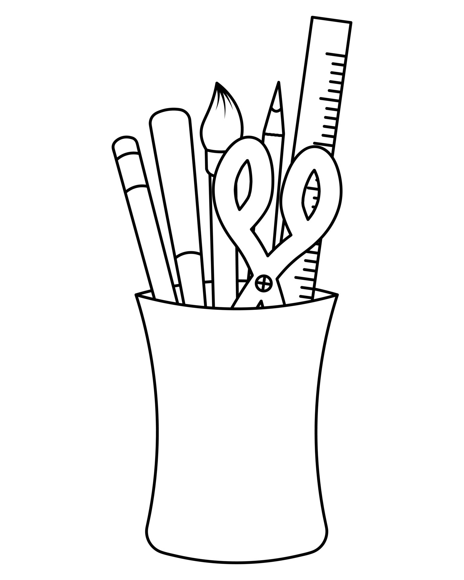 A set of stationery in a glass. Sketch. Scissors, pens, pencil. Vector