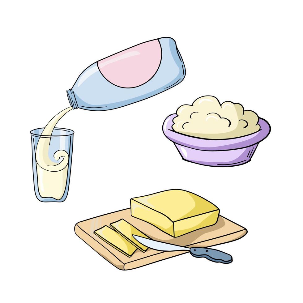 conjunto de iconos de colores, desayuno, avena con mantequilla, requesón y leche, ilustración vectorial en estilo de dibujos animados sobre un fondo blanco vector