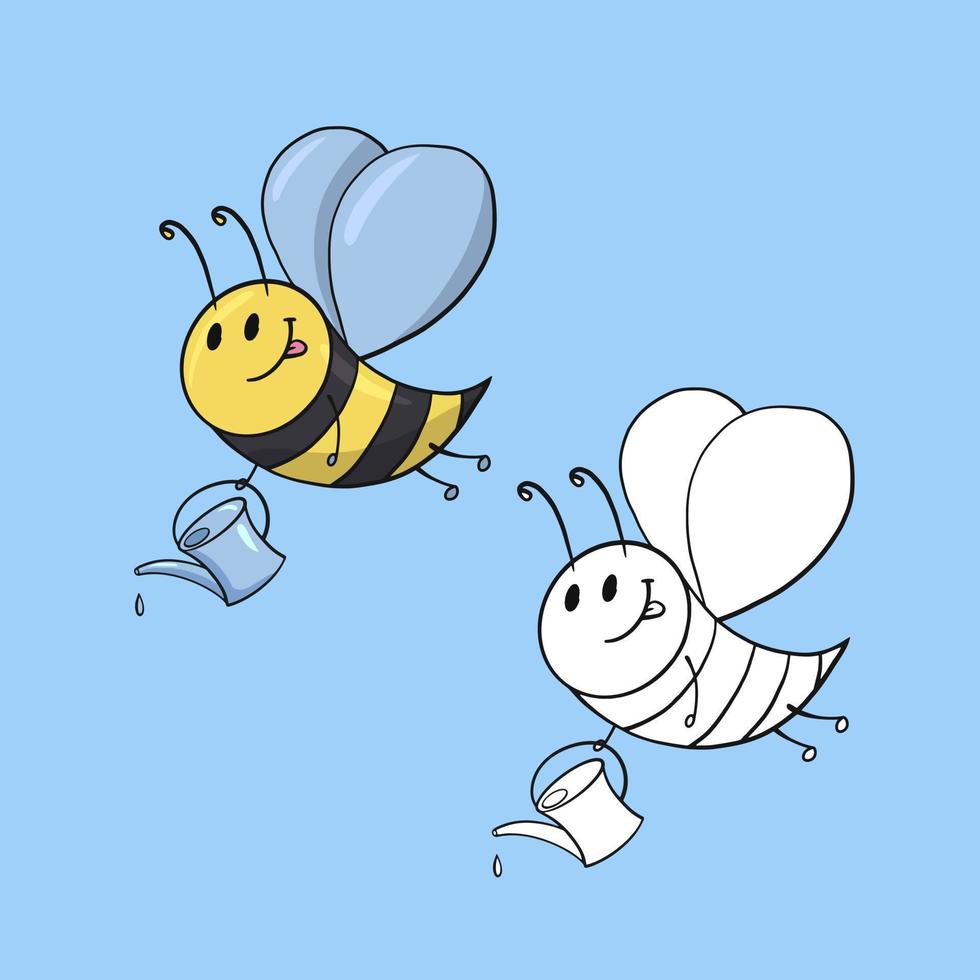 un conjunto de imágenes, una linda abeja con una pequeña lata de agua, una abeja regando plantas, una ilustración vectorial en estilo de dibujos animados sobre un fondo coloreado vector