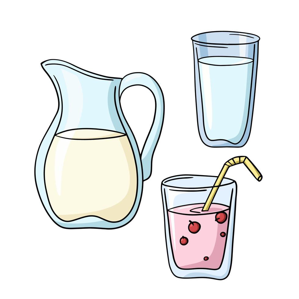 A set of colored icons, drinks in glassware, vector illustration in cartoon style on a white background