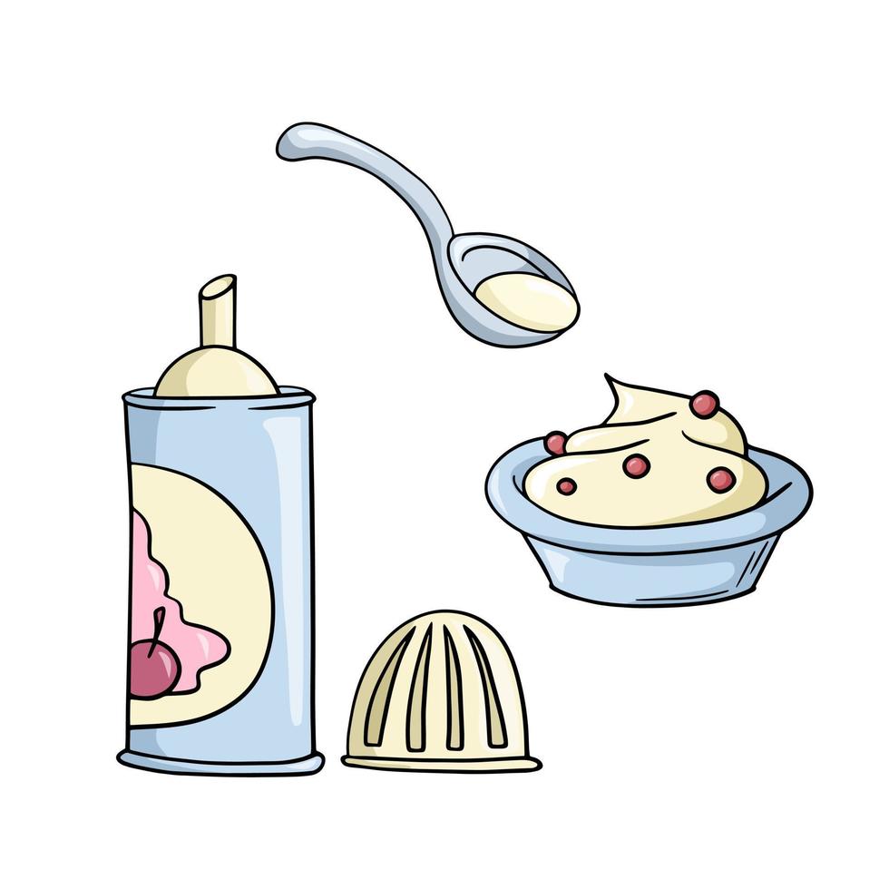 A set of colored icons, a delicious dessert with whipped cream, a vector illustration in cartoon style on a white background