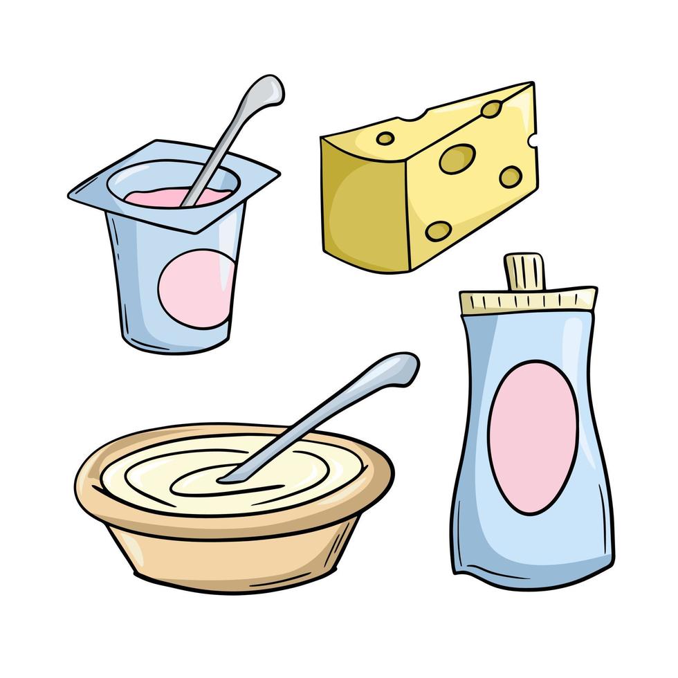 A set of colored icons, dairy products, a piece of cheese, sour cream, yogurt , vector illustration in cartoon style on a white background