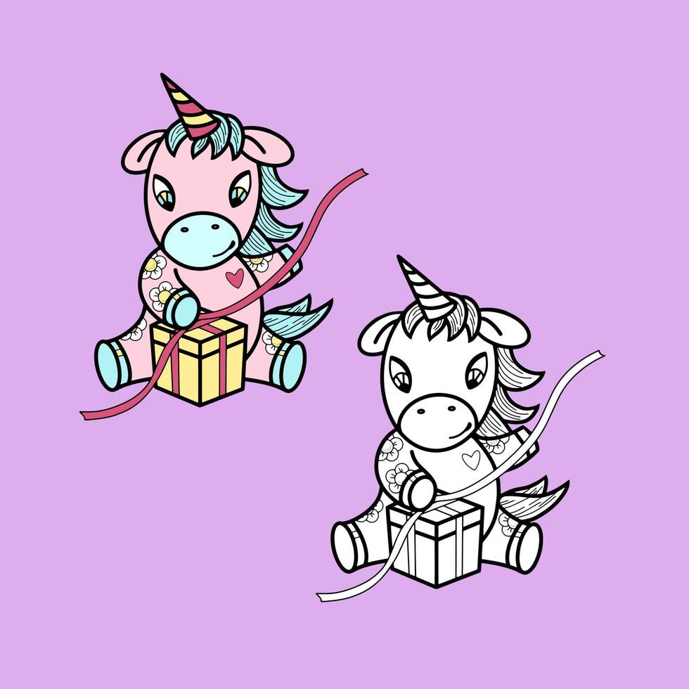 A set of images, a Festive Cute pink Unicorn with a gift box, a vector illustration in cartoon style on a colored background