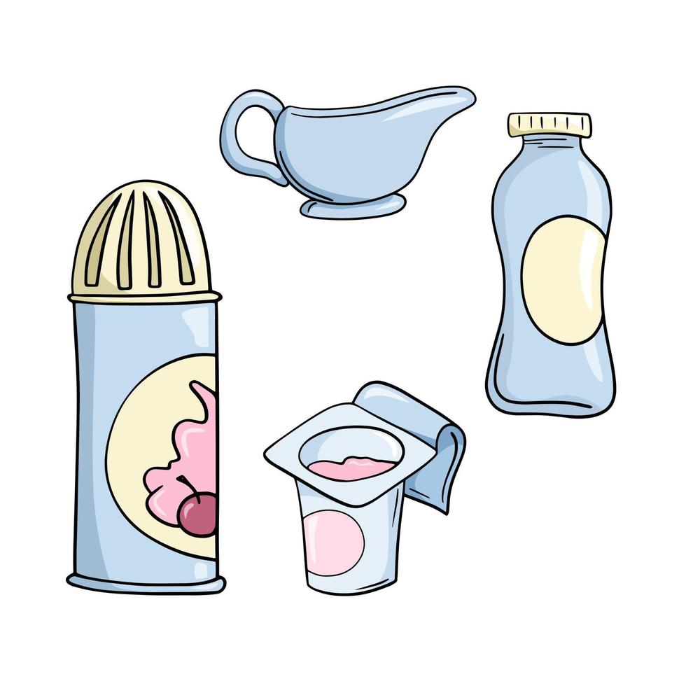 A set of colored icons, dairy products, packaging with whipped cream, yogurt , vector illustration in cartoon style on a white background