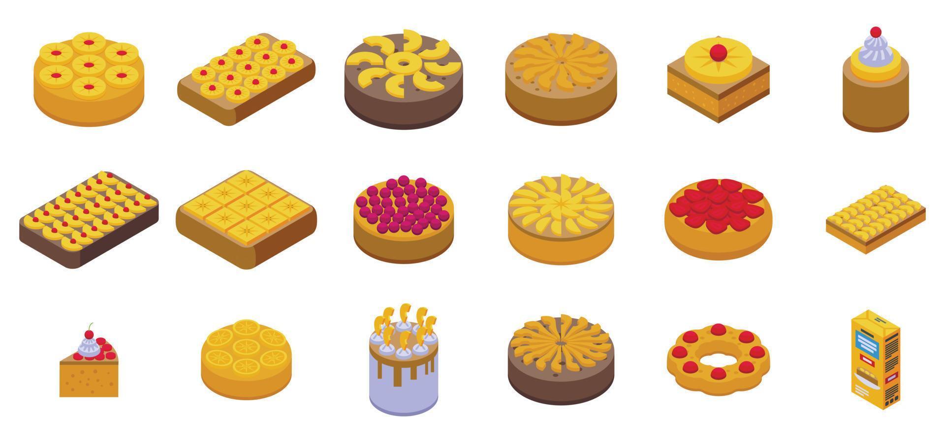 Upside-down cake icons set isometric vector. Pineapple tart vector