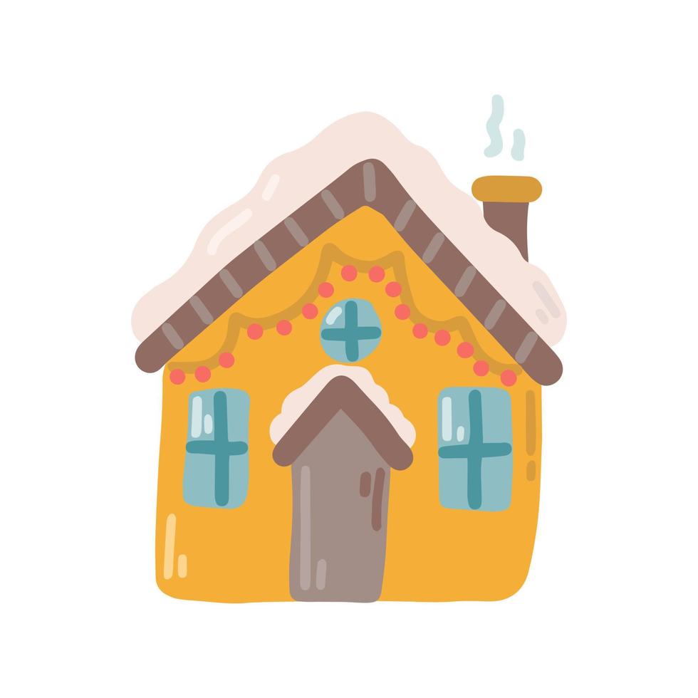 Cute winter house with chimney, vector flat illustration on white background