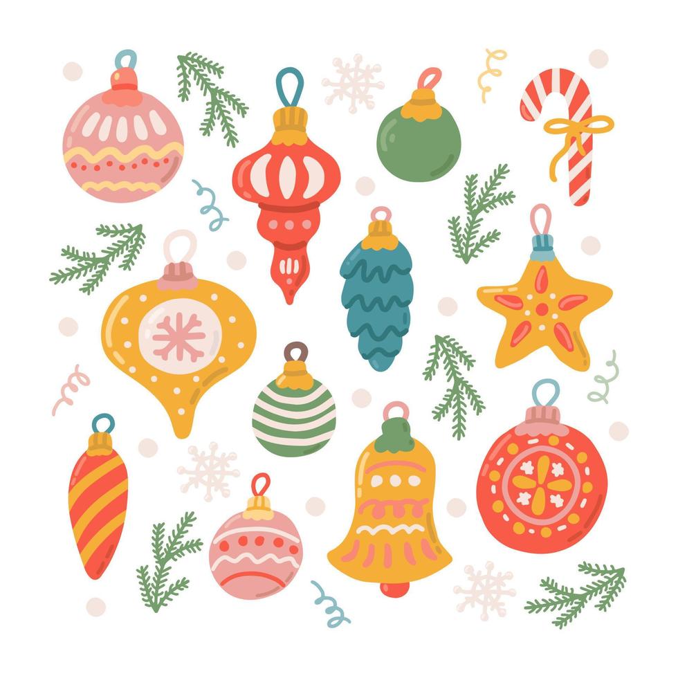 Set of Christmas tree toys, vector illustration in flat style, decor for postcards, posters