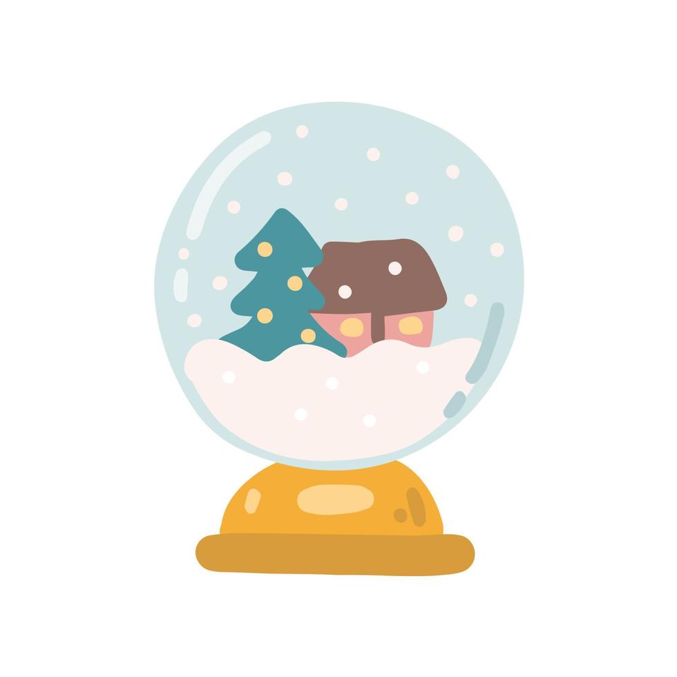 Snow globe with Christmas tree and house inside, vector flat illustration on white background